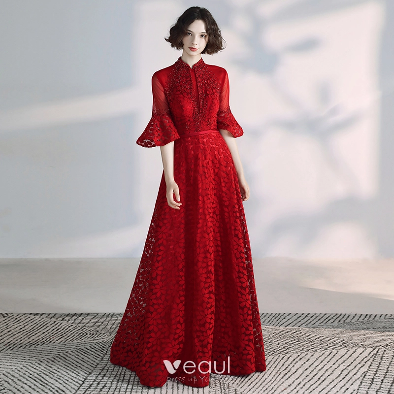 Elegant Chinese style Burgundy Evening Dresses 2020 A Line Princess High Neck Beading Pearl Crystal Lace Bell sleeves Backless Floor Length Long Formal Dresses