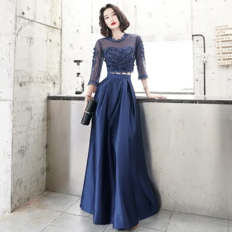 Elegant 2 Piece Navy Blue Evening Dresses 2020 A Line Princess Scoop Neck Pearl Lace Flower 3 4 Sleeve Floor Length Long Formal Dresses