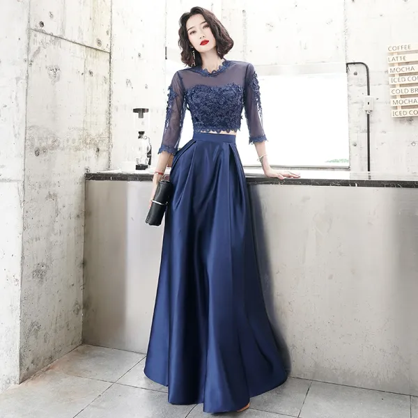 Elegant 2 Piece Navy Blue Evening Dresses  2020 A-Line / Princess Scoop Neck Pearl Lace Flower 3/4 Sleeve Floor-Length / Long Formal Dresses