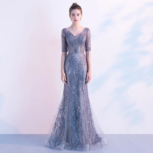 Charming Grey Evening Dresses 2020 Trumpet Mermaid V Neck Sequins 1 2 Sleeves Backless Floor Length Long Formal Dresses