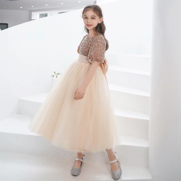Fashion Gold Sequins Short Birthday Flower Girl Dresses 2021 A Line Princess Scoop Neck Bow Sash Short Sleeve