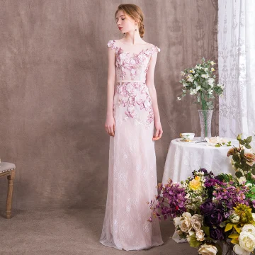 Chic Beautiful Candy Pink Evening Dresses 2018 Trumpet Mermaid Appliques Sash Lace Scoop Neck Floor Length Long Formal Dresses