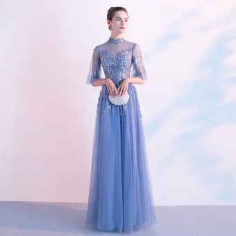 Chic Belle Océan Bleu Robe De Soirée 2020 Princesse Col Haut Faux Diamant En Dentelle Fleur 1 2 Manches Dos Nu Longue Robe De Ceremonie
