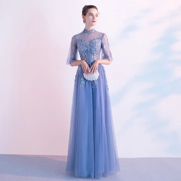 Chic Beautiful Ocean Blue Evening Dresses 2020 A Line Princess High Neck Rhinestone Lace Flower 1 2 Sleeves Backless Floor Length Long Formal Dresses