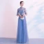 Chic / Beautiful Ocean Blue Evening Dresses  2020 A-Line / Princess High Neck Rhinestone Lace Flower 1/2 Sleeves Backless Floor-Length / Long Formal Dresses