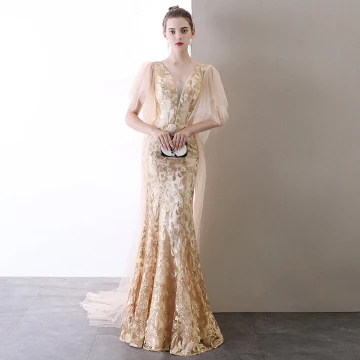 Charming Champagne Evening Dresses 2020 Trumpet Mermaid V Neck Lace Rhinestone Short Sleeve Backless Sweep Train Formal Dresses
