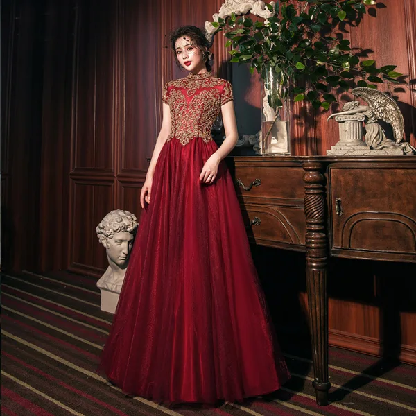 burgundy prom dresses with gold Burgundy Tulle Beads Long Prom Dress, Tulle Burgundy Evening Dress US 6 / Burgundy main image 1