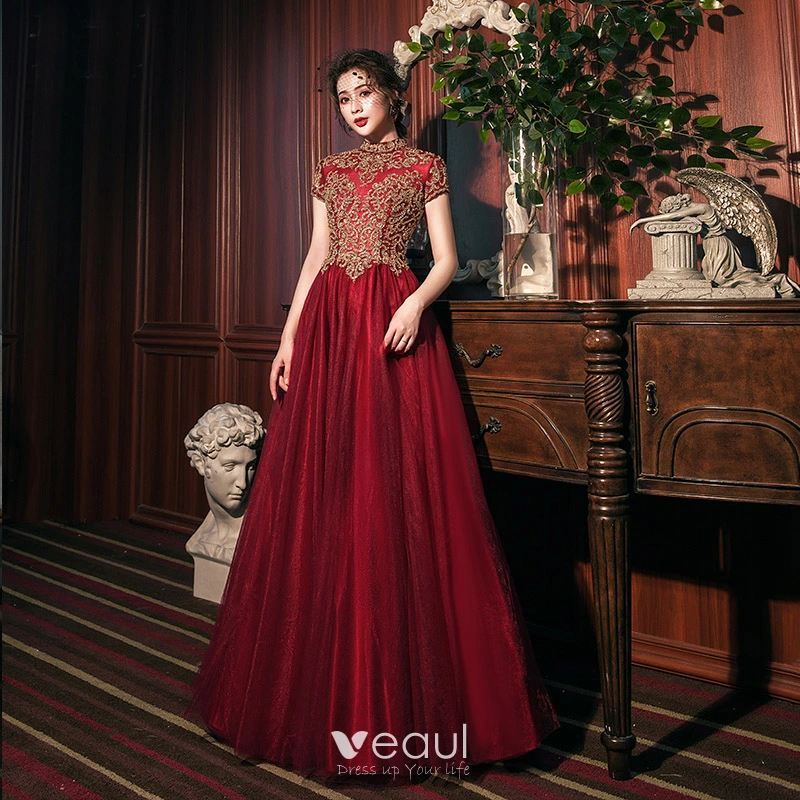 burgundy prom dress with gold Spaghetti Strap Maroon Long Prom Dresses with Slit and Gold Lace Bodice ARD2077 main image 1