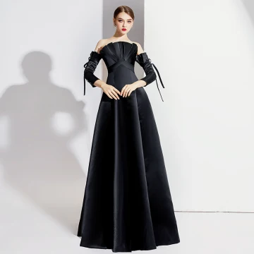 Élégant Noire Robe De Soirée 2020 Princesse De L Épaule Noeud 3 4 Manches Dos Nu Longue Robe De Ceremonie