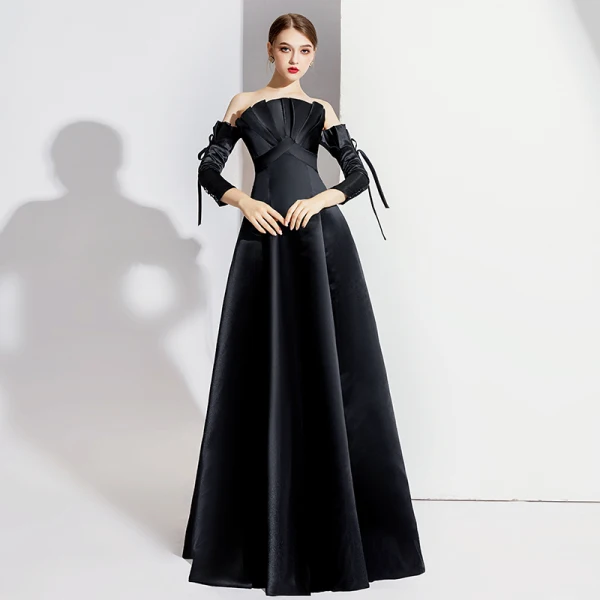 Elegant Black Evening Dresses 2020 A-Line / Princess Off-The-Shoulder Bow 3/4  Sleeve Backless