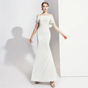 Élégant Ivoire Robe De Soirée 2020 Trompette Sirène Bretelles Spaghetti Manches Courtes Dos Nu Longue Robe De Ceremonie