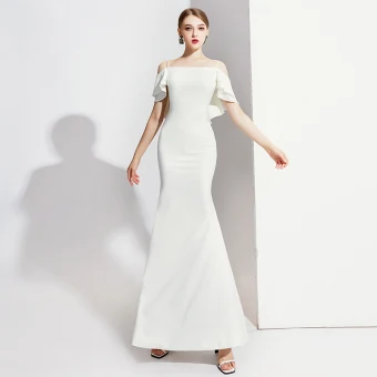 Elegant Ivory Evening Dresses 2020 Trumpet Mermaid Spaghetti Straps Short Sleeve Backless Floor Length Long Formal Dresses