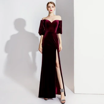 Élégant Bordeaux Robe De Soirée 2020 Trompette Sirène Daim De L Épaule Manches Courtes Fendue Devant Longue Robe De Ceremonie