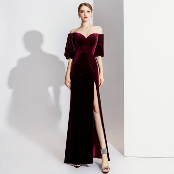 Élégant Bordeaux Robe De Soirée 2020 Trompette Sirène Daim De L Épaule Manches Courtes Fendue Devant Longue Robe De Ceremonie