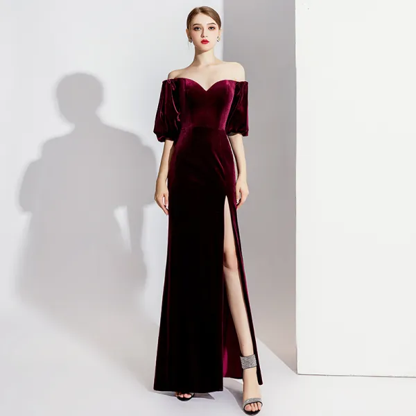 Elegant Burgundy Evening Dresses  2020 Trumpet / Mermaid Suede Off-The-Shoulder Short Sleeve Split Front Floor-Length / Long Formal Dresses