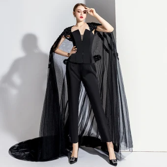 Charming Black Evening Dresses Jumpsuit With Cloak 2020 Strapless Sleeveless Backless Court Train Formal Dresses