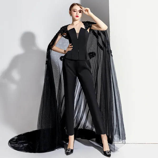 Uroczy Czarne Sukienki Wieczorowe Kombinezon Z płaszczem 2020 Bez Ramiączek Bez Rękawów Bez Pleców Trenem Sąd Sukienki Wizytowe