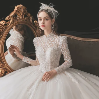 Chinese Style Vintage Retro Ivory Beading Wedding Dresses 2021 Ball Gown High Neck Pearl Sequins Long Sleeve Backless Royal Train Wedding
