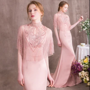 Luxe Perle Rose Robe De Soirée 2018 Trompette Sirène Perlage Cristal Faux Diamant Perle Col Haut Dos Nu Manches Courtes Train De Balayage Robe De Ceremonie