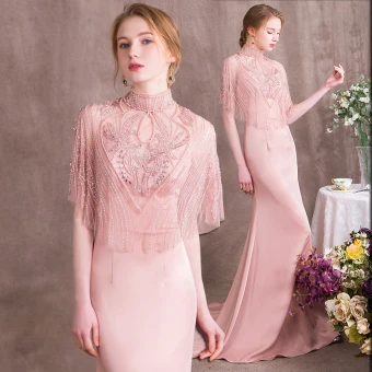 Luxury Gorgeous Pearl Pink Evening Dresses 2018 Trumpet Mermaid Beading Crystal Rhinestone Pearl High Neck Backless Short Sleeve Sweep Train Formal Dresses