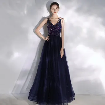 Charmant Bleu Marine Robe De Bal 2020 Princesse Perlage Paillettes Bretelles Spaghetti Noeud Sans Manches Longue Robe De Ceremonie