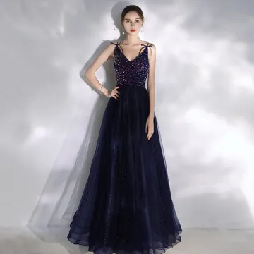 Charmant Bleu Marine Robe De Bal 2020 Princesse Perlage Paillettes Bretelles Spaghetti Noeud Sans Manches Longue Robe De Ceremonie