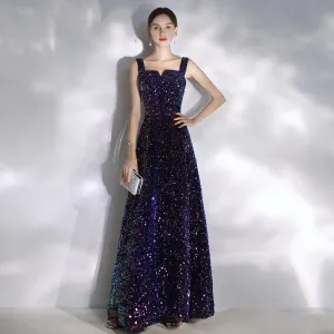 Scintillantes Violet Ciel Étoilé Robe De Soirée 2020 Princesse Encolure Carrée Perlage Paillettes Sans Manches Dos Nu Longue Robe De Ceremonie