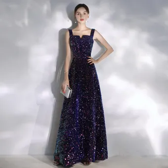 Scintillantes Violet Ciel Étoilé Robe De Soirée 2020 Princesse Encolure Carrée Perlage Paillettes Sans Manches Dos Nu Longue Robe De Ceremonie