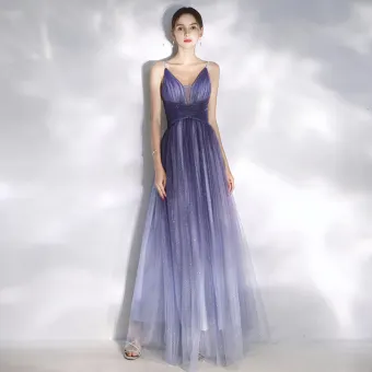 Charmig Gradient Färg Purple Aftonklänningar 2020 Prinsessa Spaghettiband Paljetter Ärmlös Halterneck Långa Formella Klänningar