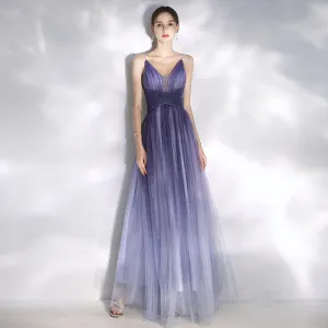 Charmant Dégradé De Couleur Violet Robe De Soirée 2020 Princesse Bretelles Spaghetti Paillettes Sans Manches Dos Nu Longue Robe De Ceremonie