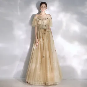 Moderne Mode Champagne Robe De Soirée 2020 Princesse Encolure Dégagée Étoile En Dentelle Paillettes Manches Courtes Dos Nu Longue Robe De Ceremonie