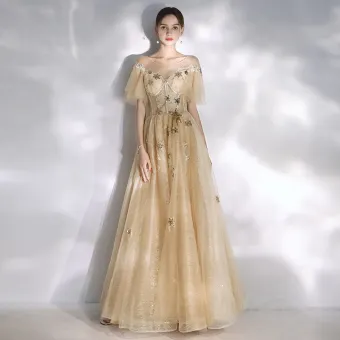 Modern Fashion Champagne Evening Dresses 2020 A Line Princess Scoop Neck Star Lace Sequins Short Sleeve Backless Floor Length Long Formal Dresses