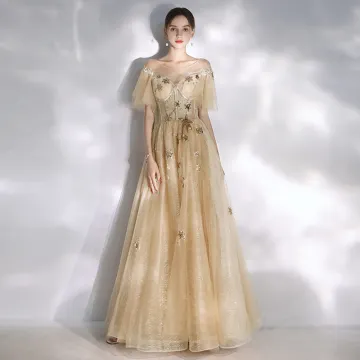 Moderne Mode Champagne Robe De Soirée 2020 Princesse Encolure Dégagée Étoile En Dentelle Paillettes Manches Courtes Dos Nu Longue Robe De Ceremonie