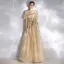 Modern / Fashion Champagne Evening Dresses  2020 A-Line / Princess Scoop Neck Star Lace Sequins Short Sleeve Backless Floor-Length / Long Formal Dresses