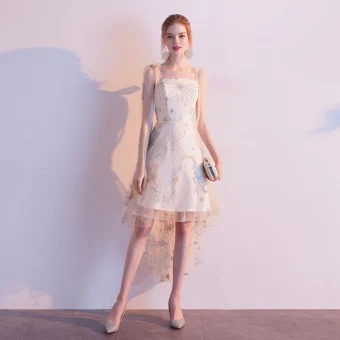 Modern Fashion Champagne Homecoming Graduation Dresses 2020 A Line Princess Spaghetti Straps Lace Star Sleeveless Backless Asymmetrical Formal Dresses