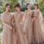 Modest / Simple Blushing Pink Wedding Party Dresses 2021 A-Line / Princess V-Neck Short Sleeve Backless Floor-Length / Long Bridesmaid Dresses