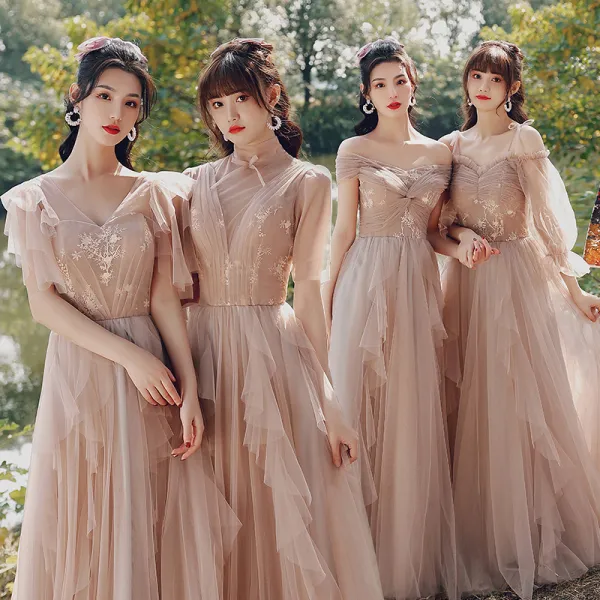 Modest / Simple Blushing Pink Wedding Party Dresses 2021 A-Line / Princess V-Neck Short Sleeve Backless Floor-Length / Long Bridesmaid Dresses