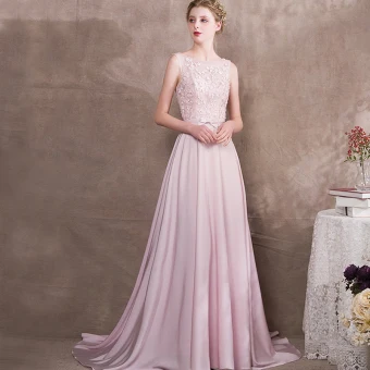 Chic Beautiful Candy Pink Evening Dresses 2018 A Line Princess Appliques Bow Scoop Neck Backless Sleeveless Sweep Train Formal Dresses