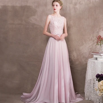 Chic Beautiful Candy Pink Evening Dresses 2018 A Line Princess Appliques Bow Scoop Neck Backless Sleeveless Sweep Train Formal Dresses