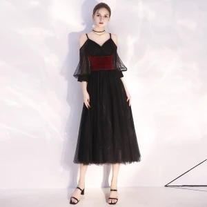 Chic Beautiful Black Homecoming Evening Dresses 2020 A Line Princess Spaghetti Straps Spotted Suede 1 2 Sleeves Backless Tea Length Formal Dresses