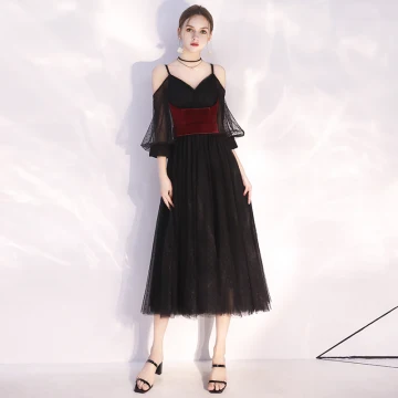 Chic Beautiful Black Homecoming Evening Dresses 2020 A Line Princess Spaghetti Straps Spotted Suede 1 2 Sleeves Backless Tea Length Formal Dresses