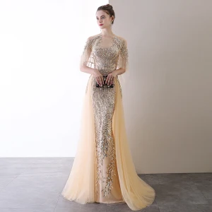Haut De Gamme Champagne Robe De Soirée 2020 Trompette Sirène Encolure Dégagée Perlage Paillettes Manches Courtes Train De Balayage Robe De Ceremonie