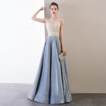 Modern Fashion Sky Blue Evening Dresses 2020 A Line Princess V Neck Beading Sleeveless Backless Floor Length Long Formal Dresses