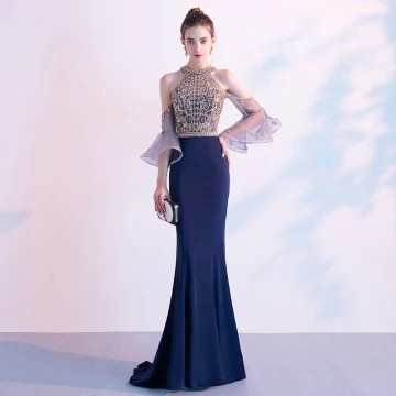 High End Navy Blue Evening Dresses 2020 Trumpet Mermaid Scoop Neck Beading Crystal Sequins Short Sleeve Sweep Train Formal Dresses