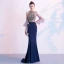 Haut de Gamme Bleu Marine Robe De Soirée 2020 Trompette / Sirène Encolure Dégagée Perlage Cristal Paillettes Manches Courtes Train De Balayage Robe De Ceremonie