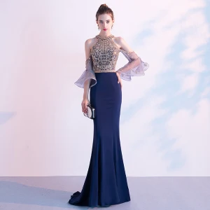 High End Navy Blue Evening Dresses 2020 Trumpet Mermaid Scoop Neck Beading Crystal Sequins Short Sleeve Sweep Train Formal Dresses