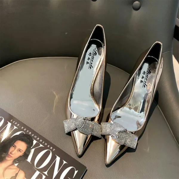Modern / Fashion Silver Evening Party Pumps 2019 Rhinestone Bow 10 cm Stiletto Heels Pointed Toe Pumps