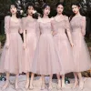 Modest / Simple Blushing Pink Bridesmaid Dresses 2021 A-Line / Princess V-Neck Short Sleeve Backless Tea-length Wedding Party Dresses
