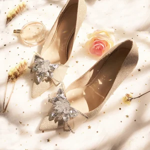 Uroczy Szampan Ślub Na Wesele Czółenka 2019 Rhinestone Kokarda Cekiny 8 Cm Szpilki Szpiczaste Buty Ślubne
