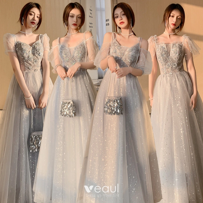 Modest / Simple Grey Bridesmaid Dresses 2024 A-Line / Princess Short Sleeve  Backless Floor-Length / Long